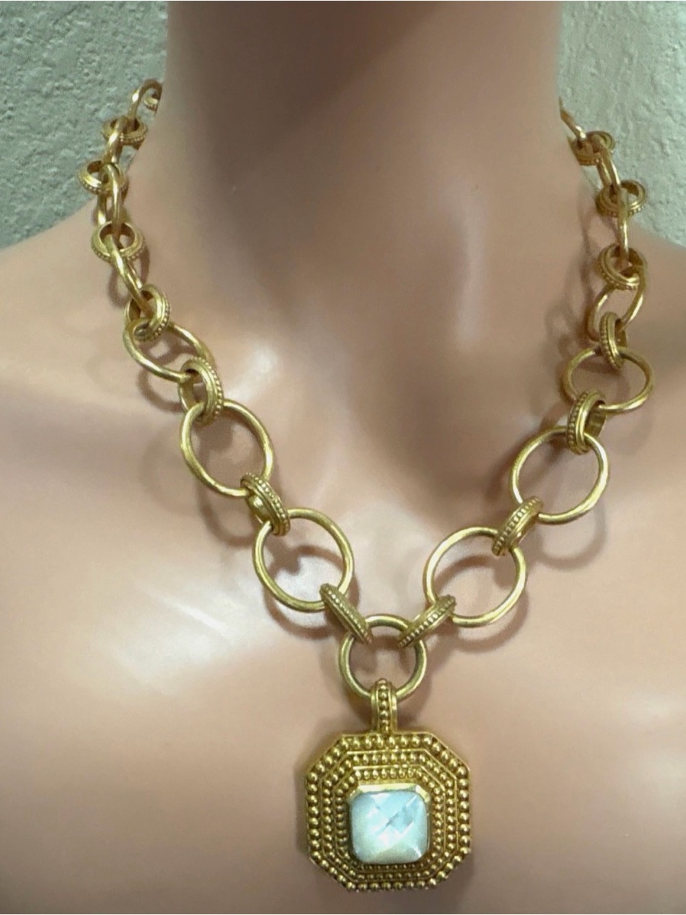 Julie Vos Gold-Tone STATEMENT “Antonia” Link Necklace with Opalescent Pendant